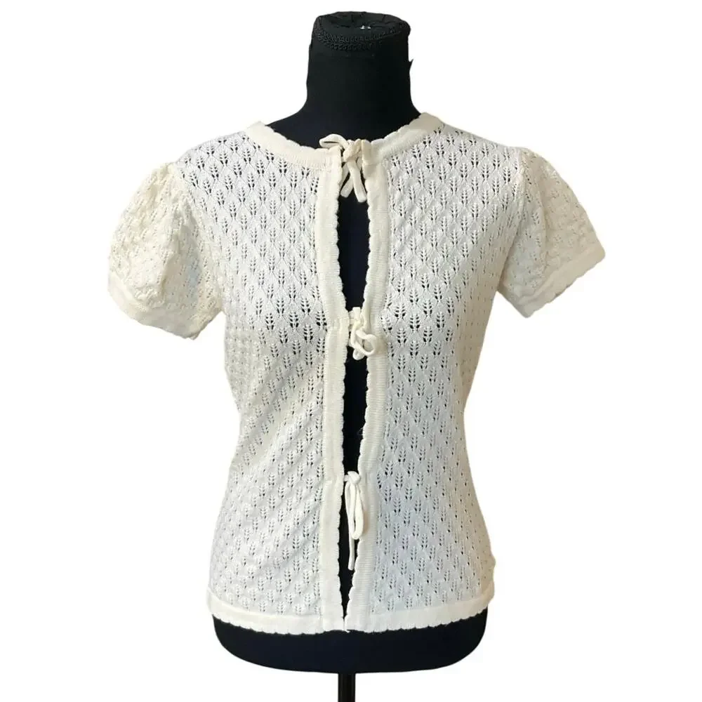 Princess Polly Ivory Tie Front Knit Top S Crochet Short Sleeve Sweater NWT